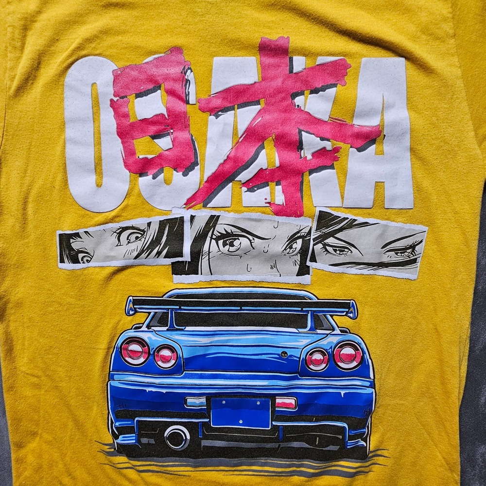 Vibes Mens Osaka JDM Blue Skyline Graphic T-Shirt Yellow Small